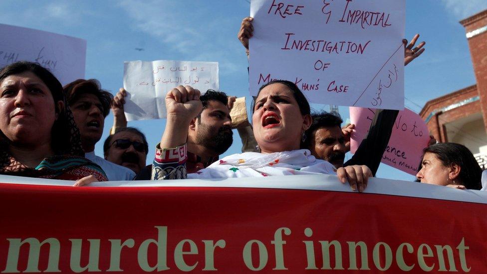 People demonstrate after the killing Mashal Khan, accused of blasphemy, by a mob at Abdul Wali Khan University in Mardan, during a protest in Peshawar, Pakistan 14 April 2017