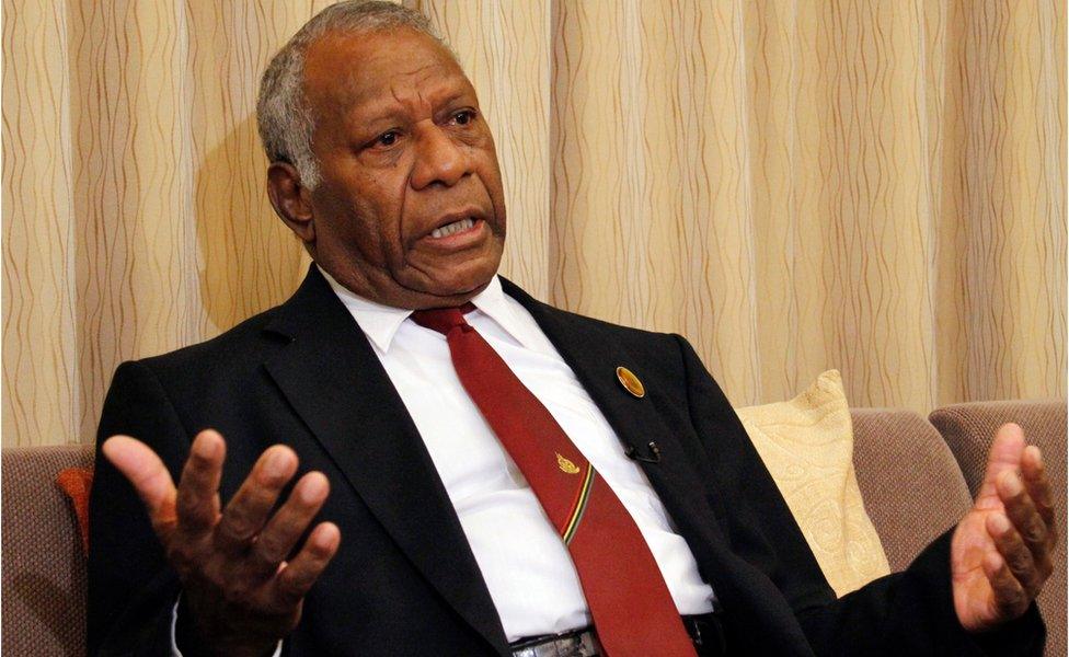 March 2015 file photo of Vanuatu President Baldwin Lonsdale during an interview in his hotel room in Sendai, Miyagi prefecture, north-eastern Japan