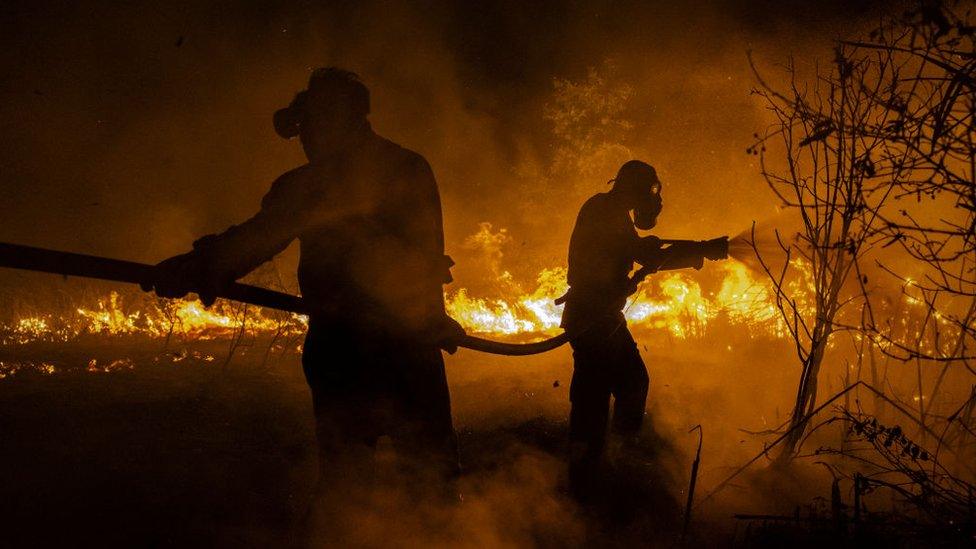 Firefighters trying to tackle a wildfire in Indonesia