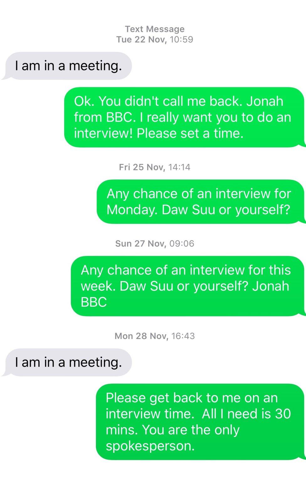 Jonah's texts asking for an interview several times from November to January, but each response is the same 'I am in a meeting'