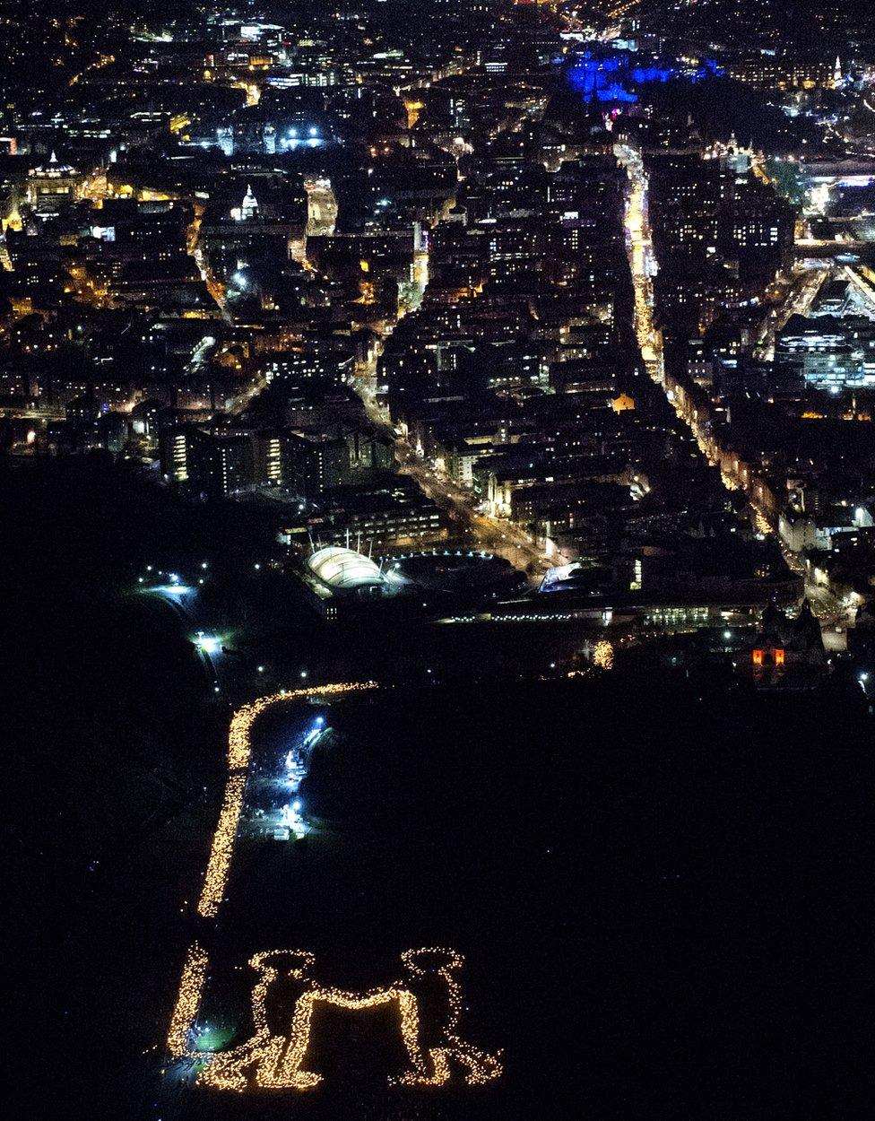 Torchlight procession from the air