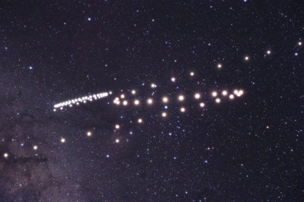 The paths of the planets Mars and Saturn shown swooping through the night sky