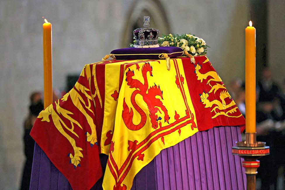 The coffin of Queen Elizabeth II inside Westminster Hall, at the Palace of Westminster, where she will Lie in State on a Catafalque, in London on 14 September 2022