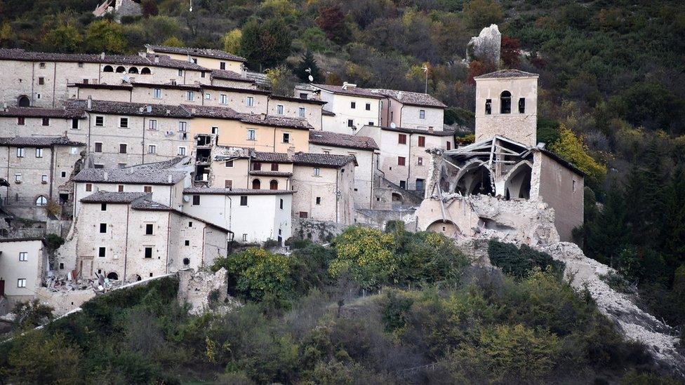 Collapsed buildings are seen following an earthquake in Campi Alto near Norcia, Italy, October 30, 2016