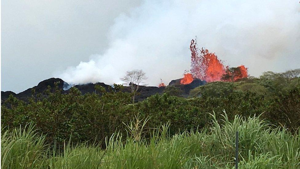 Lava fountains out of a fissure