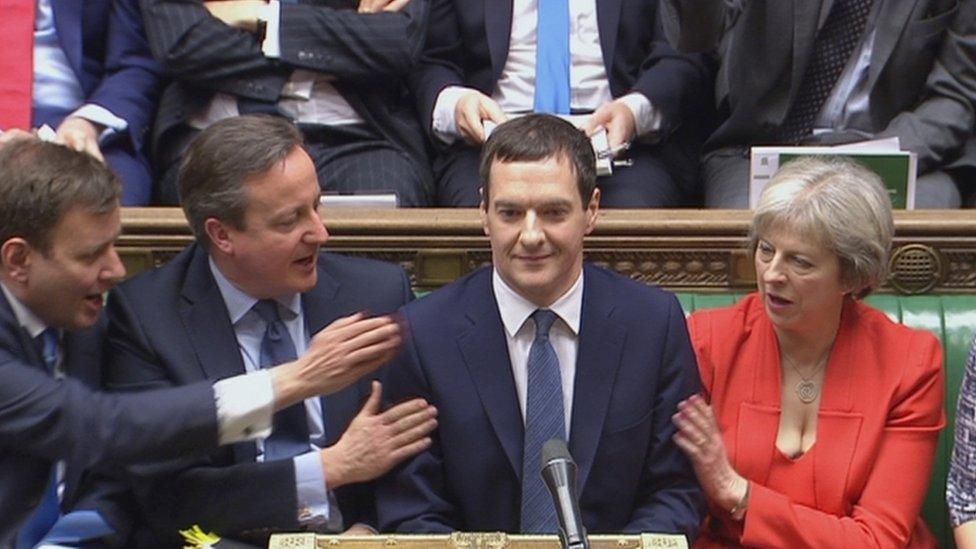 Theresa May with George Osborne and David Cameron in the House of Commons in March