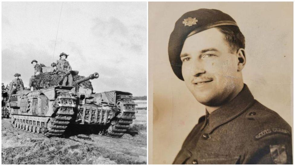 Two black and white pictures, one showing a tank in the field with soldiers on top and another with Walter as a young man wearing his uniform.