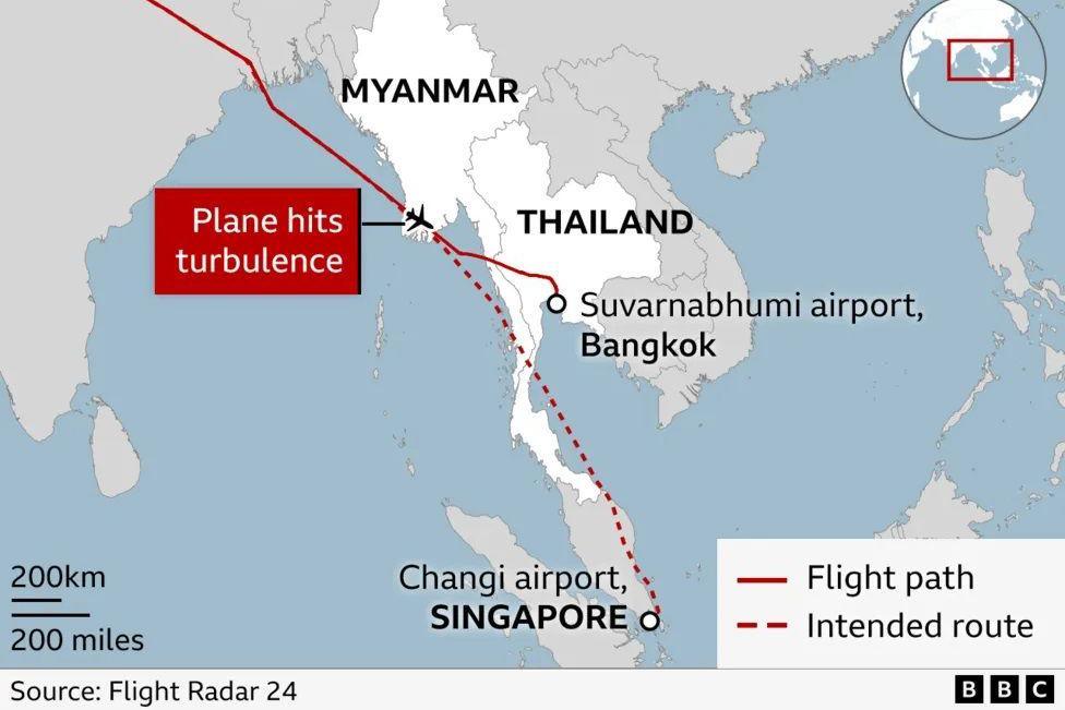 A map of the route where the plane hit turbulence