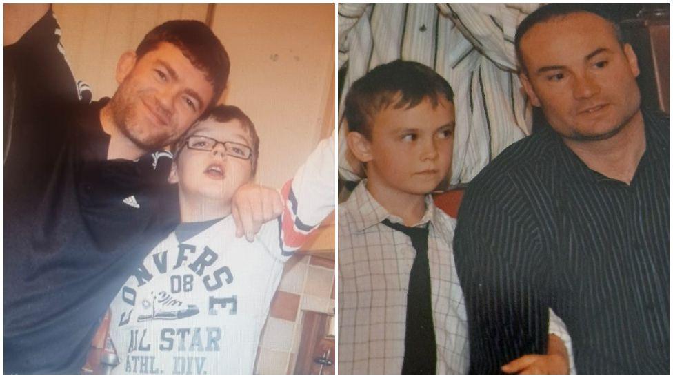 A collage of two images - on the left is Jimmy Bradley with his son Morgan Barnard. Jimmy has his left arm around Morgan's shoulders with his right arm raised. Morgan his his left arm raised, both triumphant and smiling. Jimmy is wearing a black top and Morgan a white top with the words 'Converse All Star'. On the right is Connor Currie with his dad Eamon Currie. Connor is on the left, he is wearing a white shirt with a dark tie and his looking at his father. Eamon is looking off to the left of the camera, he is wearing a dark striped shirt.