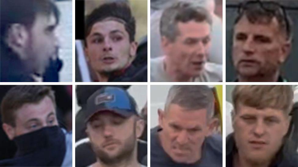 Composite of people police want to speak to - some wearing caps and face coverings - one has a headband