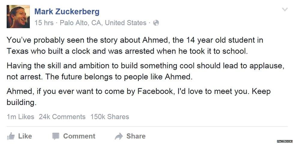 Mark Zuckerberg's Facebook post about Ahmed