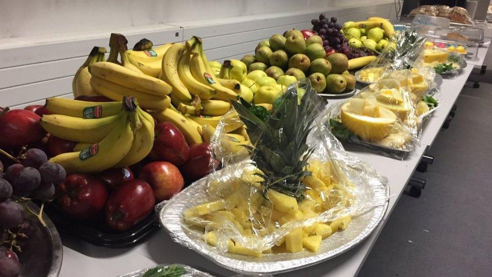 Buffet at the Enfield count, including bananas, apples and many other sorts of fruit