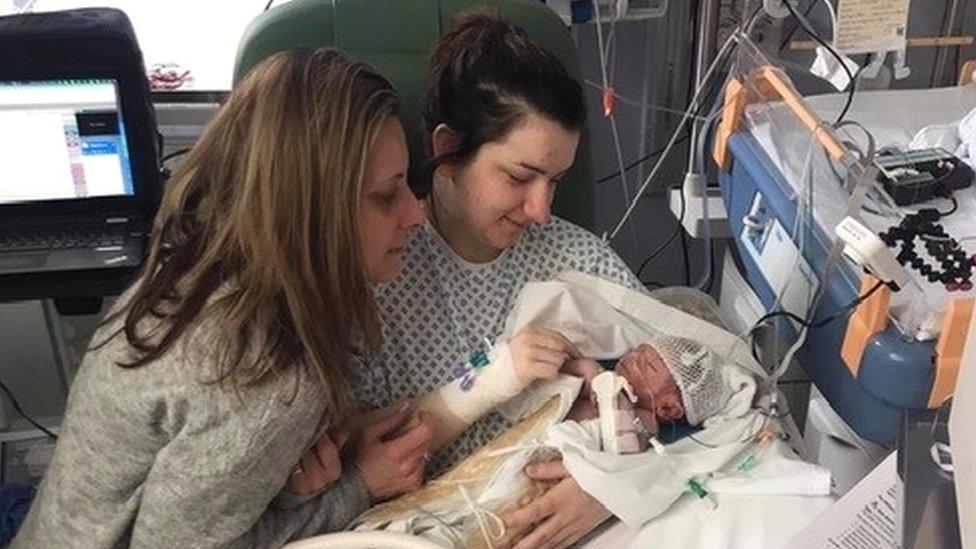 Oscar Parodi with his mother Chelsea and grandmother Christine Bell