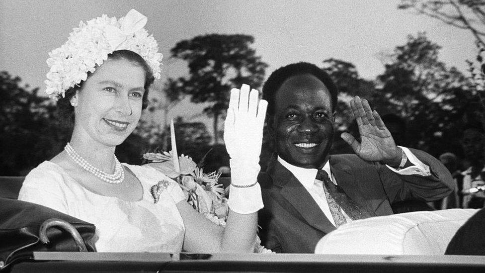 The Queen waving alongside Dr Nkrumah