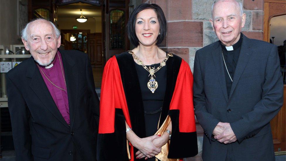 Retired Church of Ireland Bishop of Derry and Raphoe James Mehaffey and Catholic Bishop of Derry, Dr Edward Daly receive the freedom of Derry