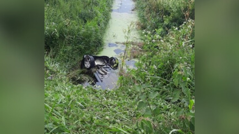 Large green bushes with ditch in the centre. The ditch is filled with water that has a green film on the top. In the bottom centre of the photo the back two tyres can been seen of a sinking car. The car is nose down in the water and o