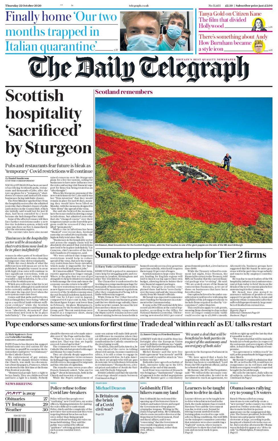 Daily Telegraph front page