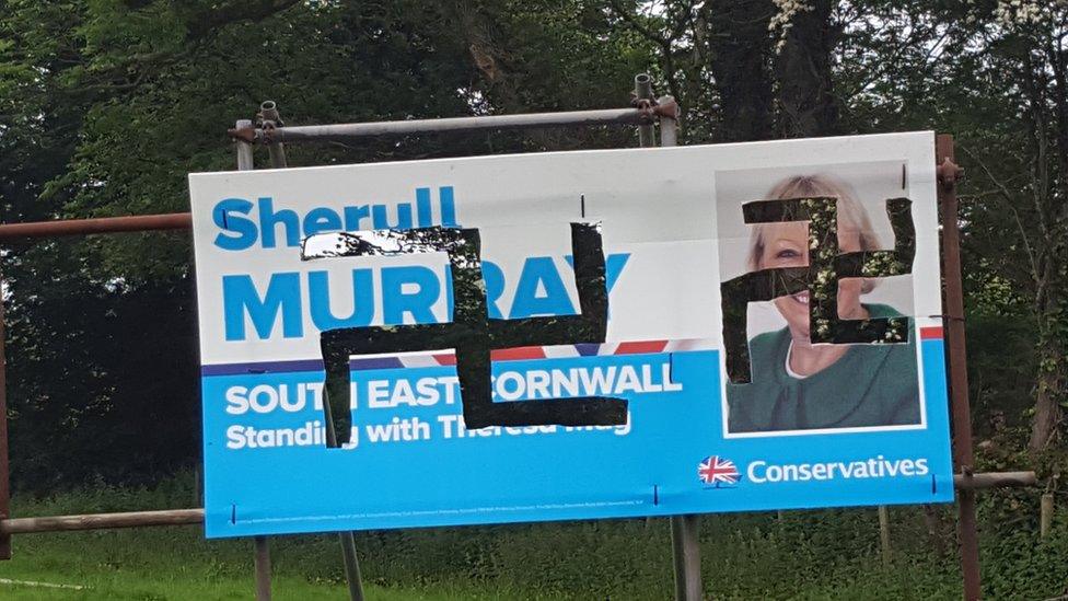 Defaced Conservtive campaign poster in Cornwall