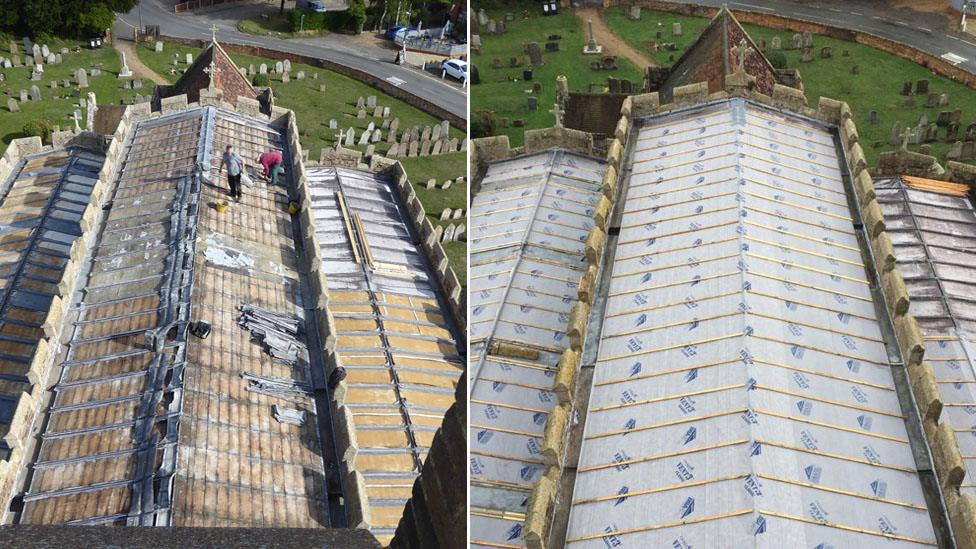 Church lead roof after the lead has been stolen and with a new coating on it