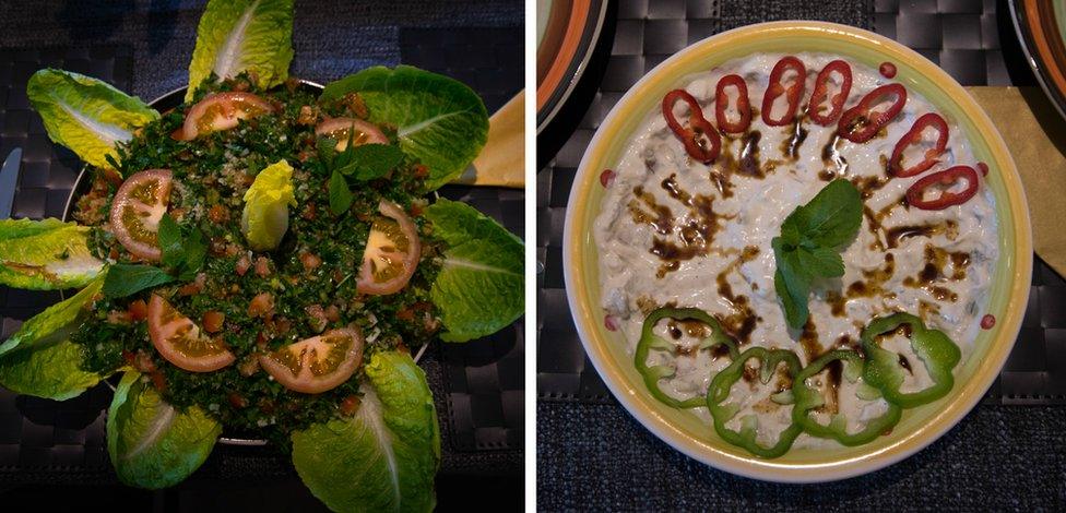 Tabouleh (left) and mutabel (right) prepared by Majeda