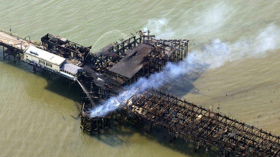 Aerial view of Southend Pier after the fire in 2005