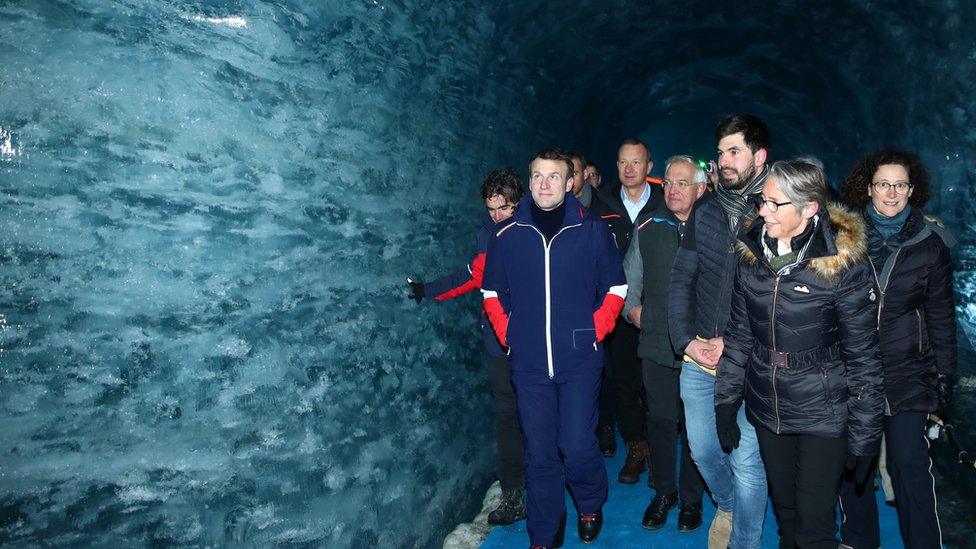 Emmanuel Macron visists Mer de Glace glacier with scientists and ministers