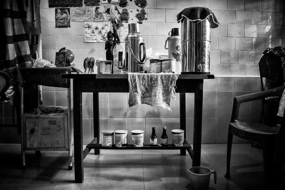 Inside the room of Irom Sharmila Chanu is force fed a cocktail of medicines mixed with baby formula, through a feeding tube. It's estimated that it costs the government a minimum of $500 a week for her medicine and baby formula alone. December 17, 2013.