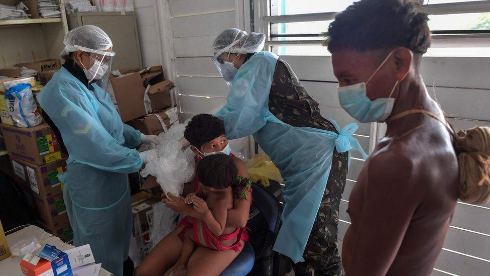 Covid testing on the Yanomami ethnic group in the indigenous land of Surucucu, in Alto Alegre, Roraima state, Brazil, on July 1, 2020.