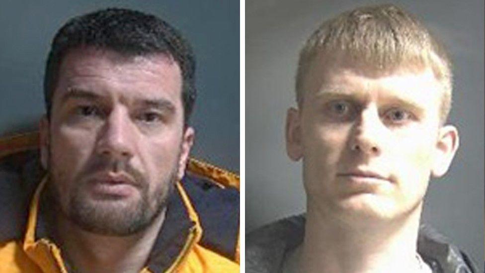 Mug shots of two men pictured side by side. The one on the left has short black hair with a short beard and is wearing a yellow coat. The man on the right has short light brown hair and is wearing a grey top.