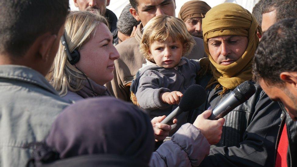 BBC 5 live's Anna Foster interviewing refugees in Erbil, Iraq