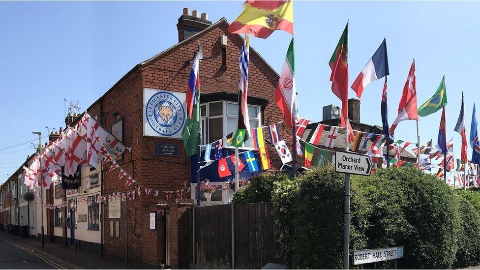 Flag covered pub in Leicester