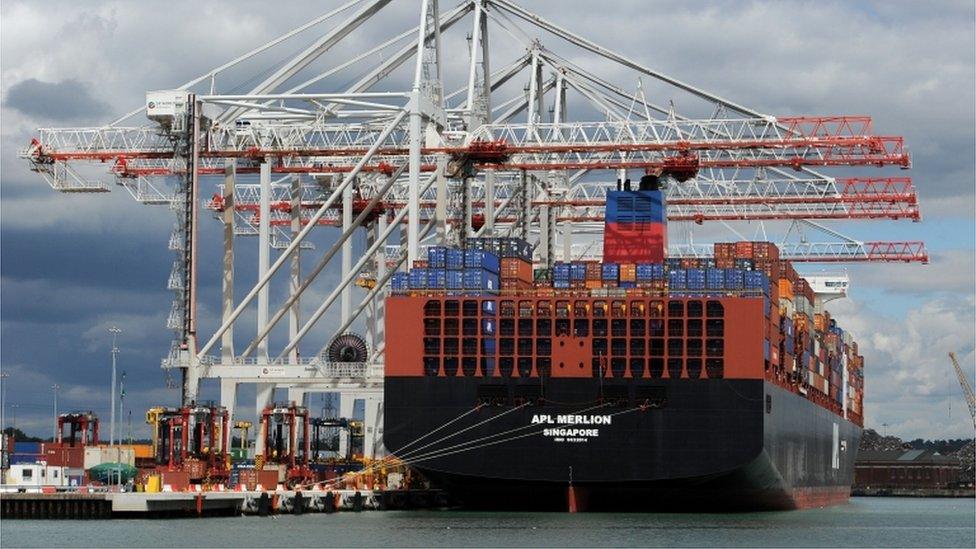 A ship docked at the DP World Southampton Container Terminal