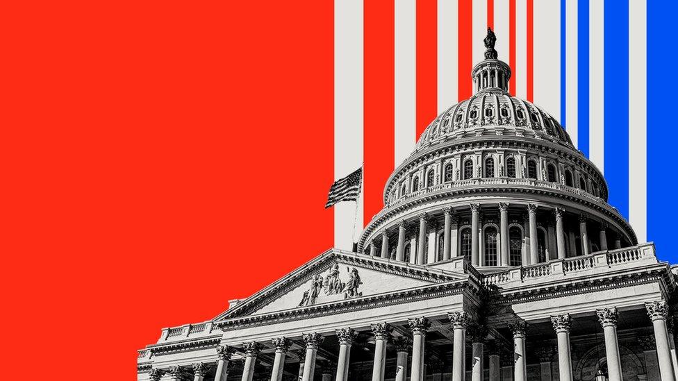 The US Politics Unspun logo features the Capitol Building in black and white, on a background of red, grey and blue, converging in stripes behind the roof.