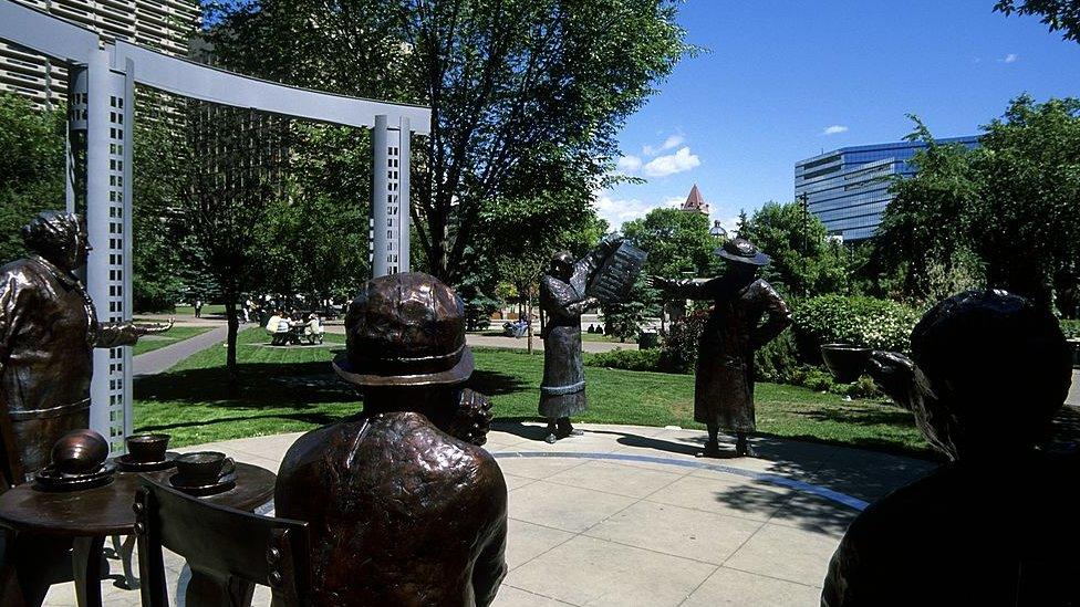 A statue of the “famous five” suffragettes in downtown Calgary.