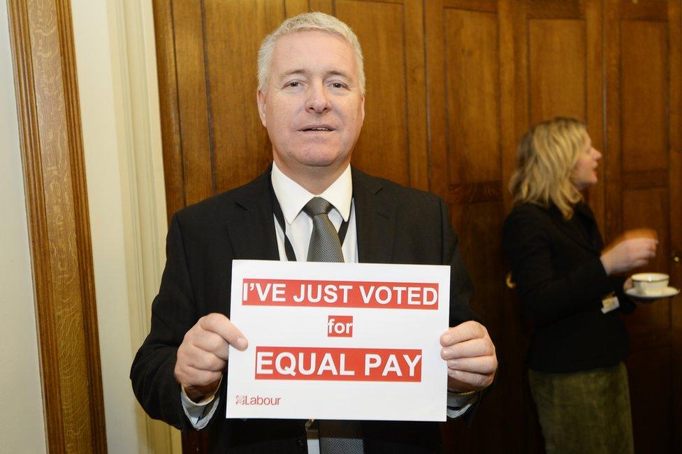 Ian Lavery holding a sign that says, "I've just voted for equal pay"