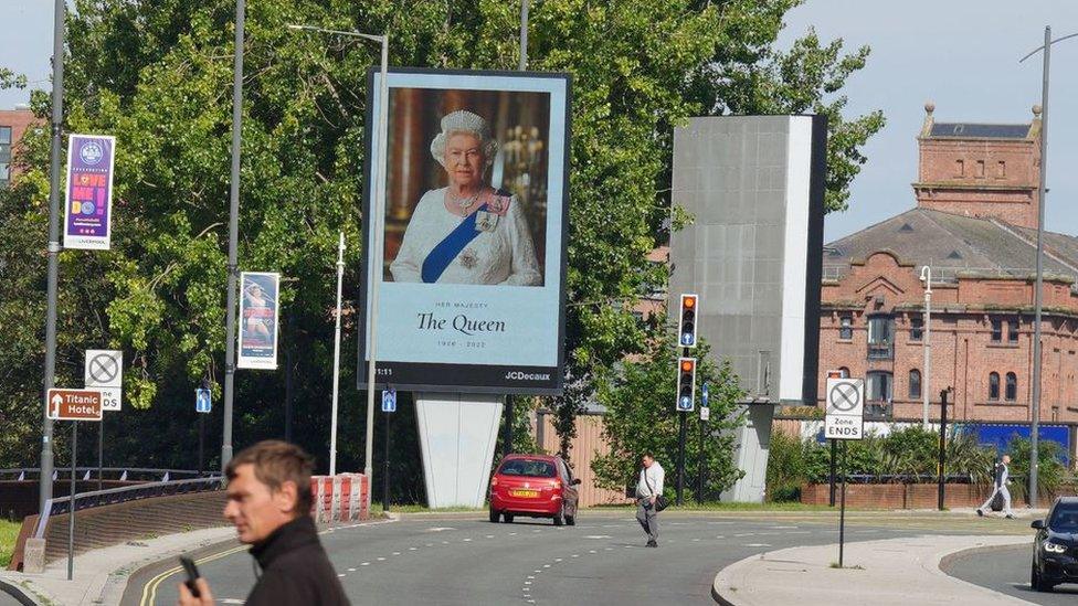 A tribute to Queen Elizabeth II on display in Liverpool city centre