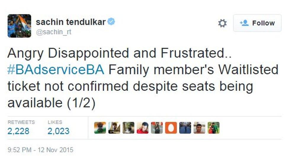 Sachin Tendulkar: Angry Disappointed and Frustrated.. #BAdserviceBA Family member's Waitlisted ticket not confirmed despite seats being available (1/2)