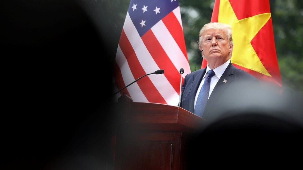 President Donald Trump attends a news conference at the Presidential Palace in Hanoi, Vietnam, November 12, 2017.