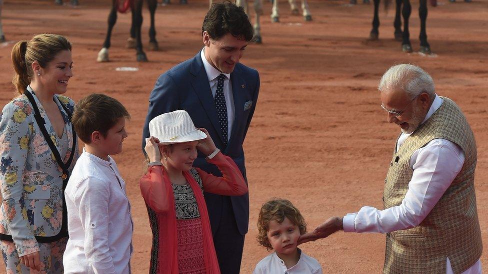 Narendra Modi with Justin Trudeau and his family at the Presidential Palace in New Delhi on February 23, 2018.