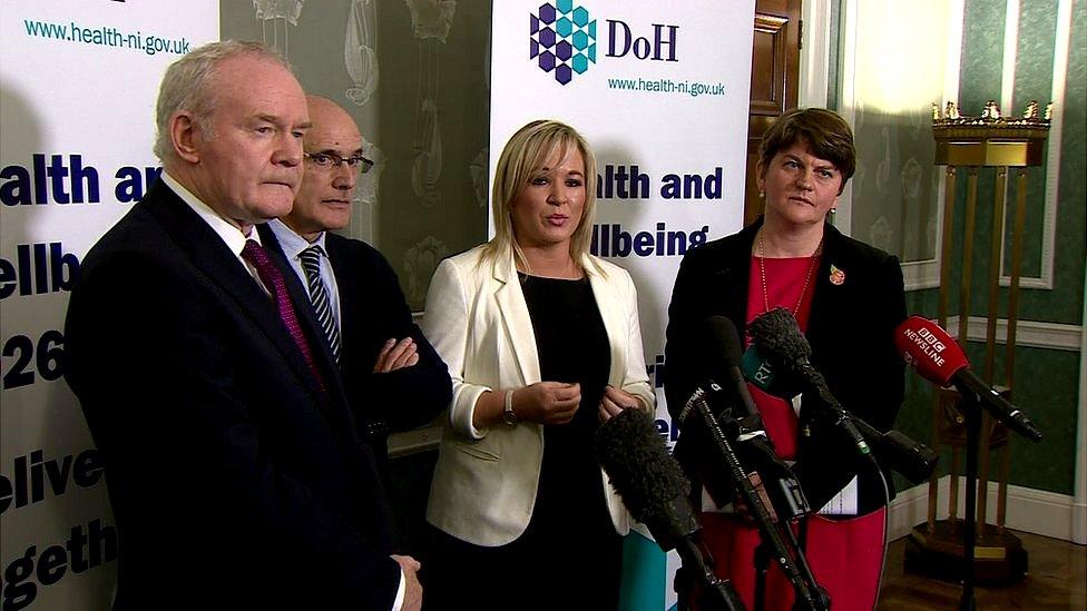 Martin McGuinness, Raphael Bengoa, Michelle O'Neill and Arlene Foster