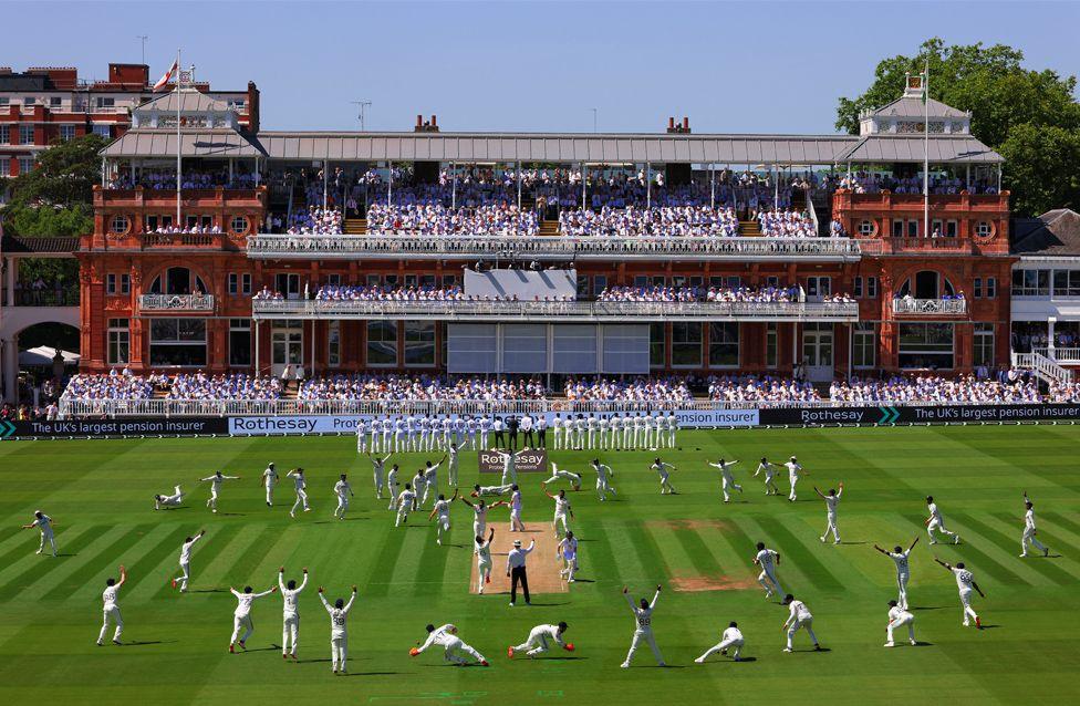 A layered photograph shows India players in multiple poses as they control the opening morning's play of the third Test against England. Photo taken at the historic Lord’s pavilion.