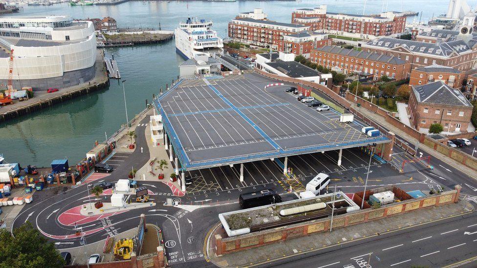 Aerial view of ferry terminal with a ferry docked alongside a large two-storey open car park with ramps to the ferry.  The terminal has water to the left and beyond the ferry and numerous buildings on the harbourside.