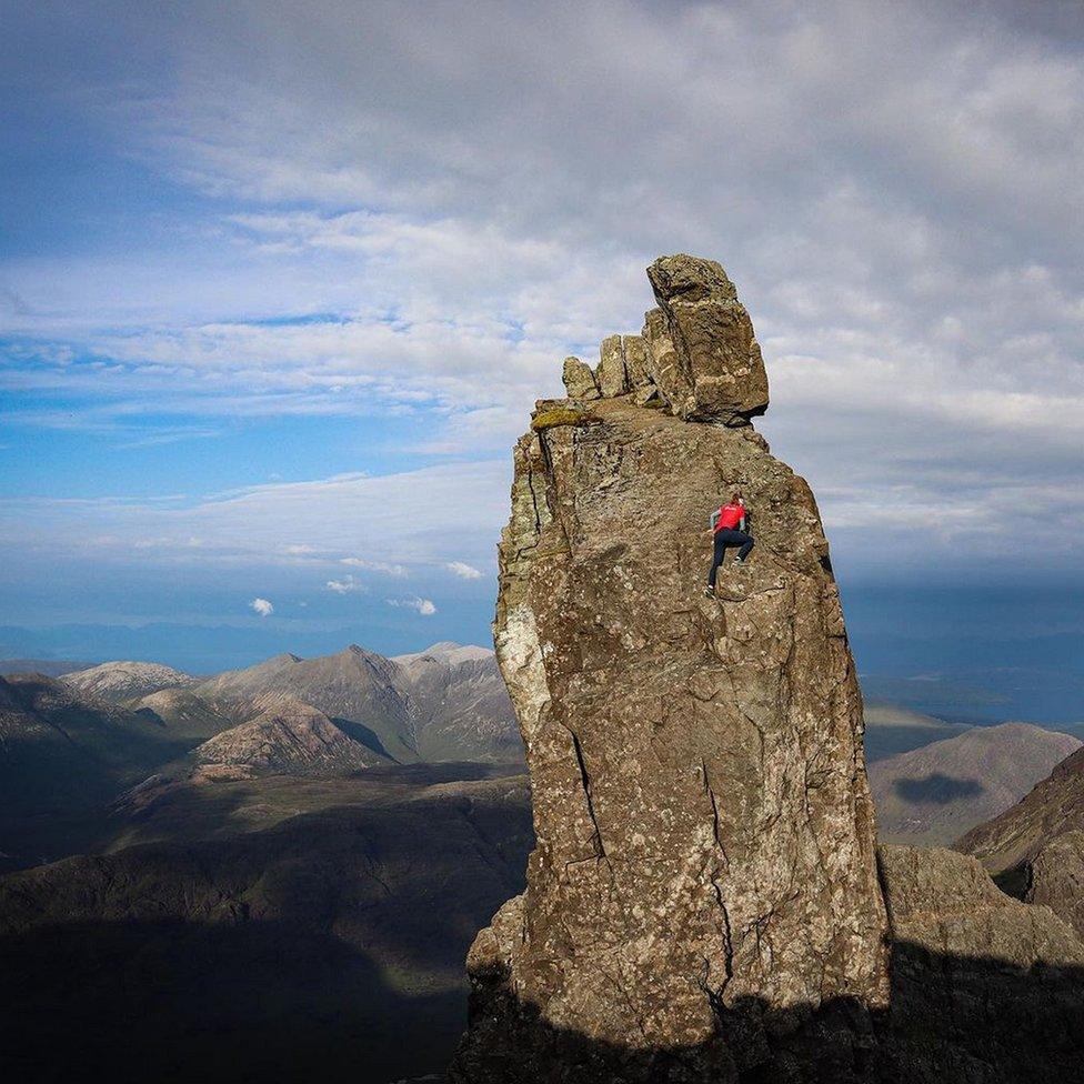 Anna Taylor climbing the Inaccessible Pinnacle on the Isle of Skye