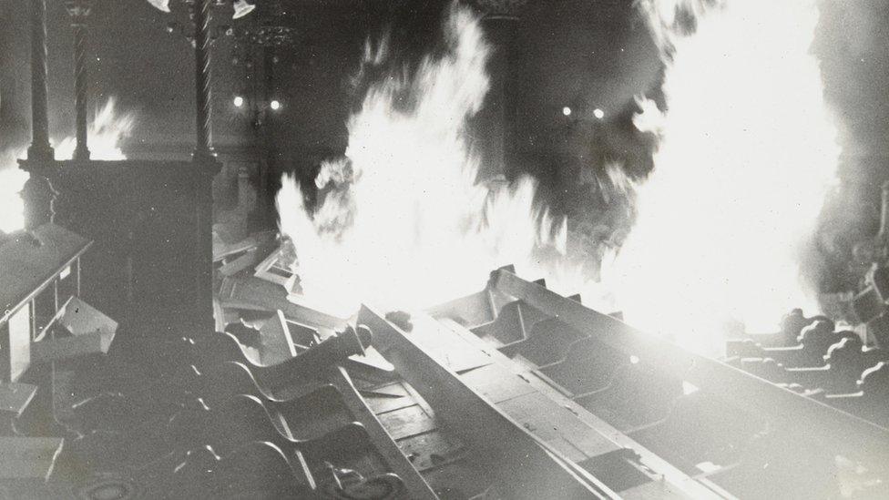 A synagogue ablaze during the pogrom