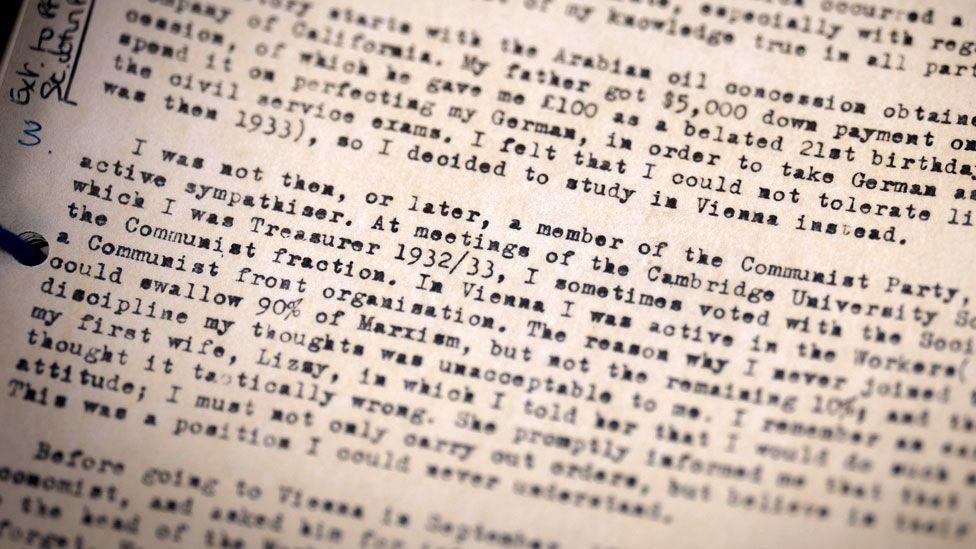 Text typed on a typewriter from a report from of one of the Anthony Blunt files.