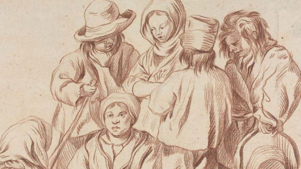 A line drawing in red and black of a group of six children from the 18th Century, a mix of girls and boys. They are wearing loose clothing and most have hats. 