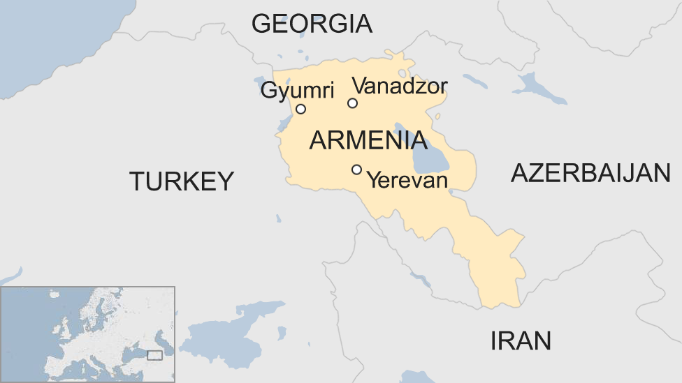 Map of Armenia showing cities and neighbouring countries