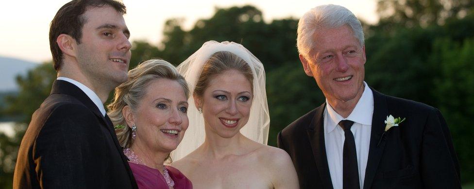 Marc Mezvinsky, U.S. Secretary of State Hillary Clinton, Chelsea Clinton and former U.S. President Bill Clinton pose during the wedding of Chelsea Clinton and Marc Mezvinsky at the Astor Courts Estate on July 31, 2010