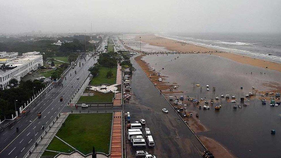 A view the Marina Beach during heavy downpour in Chennai.