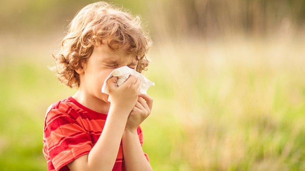 Boy blowing his nose